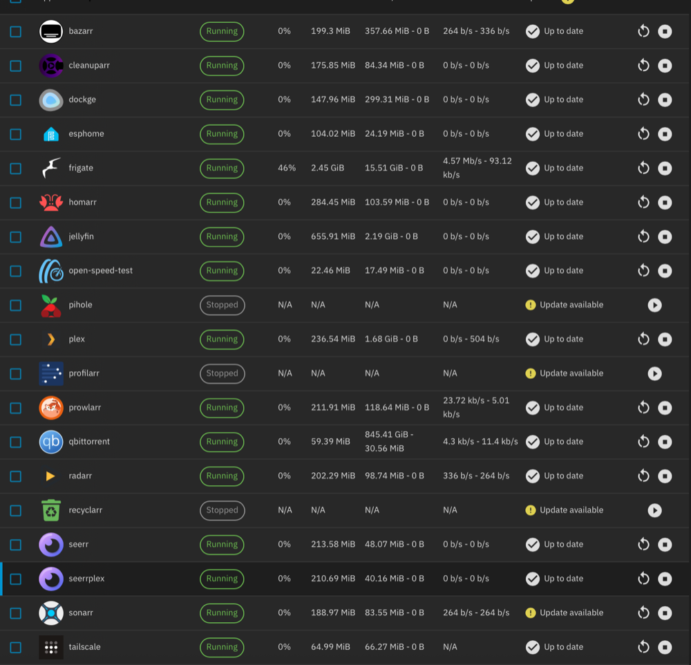 The TrueNAS apps list: Bazarr, Frigate, Jellyfin, Plex, Radarr, Sonarr, qBittorrent and the rest, mostly running