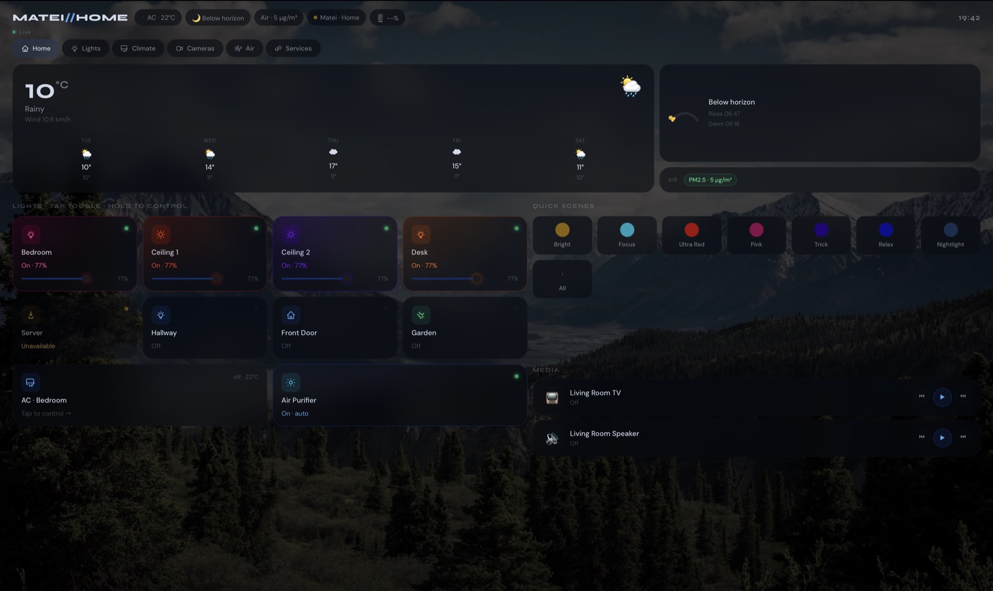 My home dashboard: weather forecast, sunrise times, air quality, light controls for each room, quick scenes and the living room media players